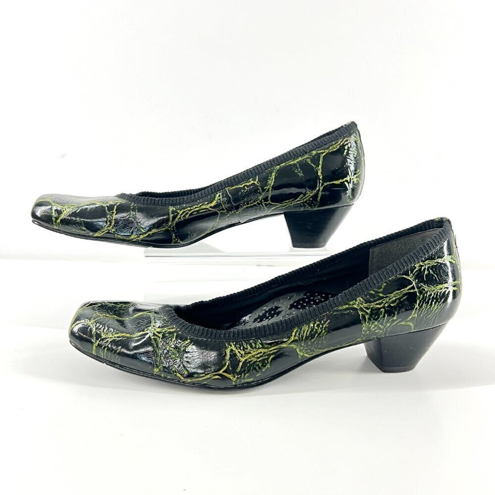 J.Renee Cassie Black Green Croc Embossed‎ Square Toe Pump Heels Sz 7.5